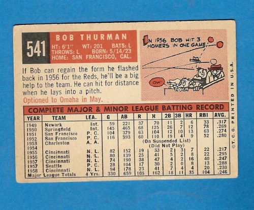 1959 Topps Bob Thurman Cincinnati Redlegs #541 - Picture 2 of 2