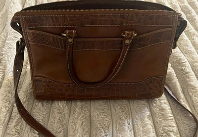 Brahmin Brown Crocodile-Embossed Satchel Top Handle Bag Zip Top Detachable Strap