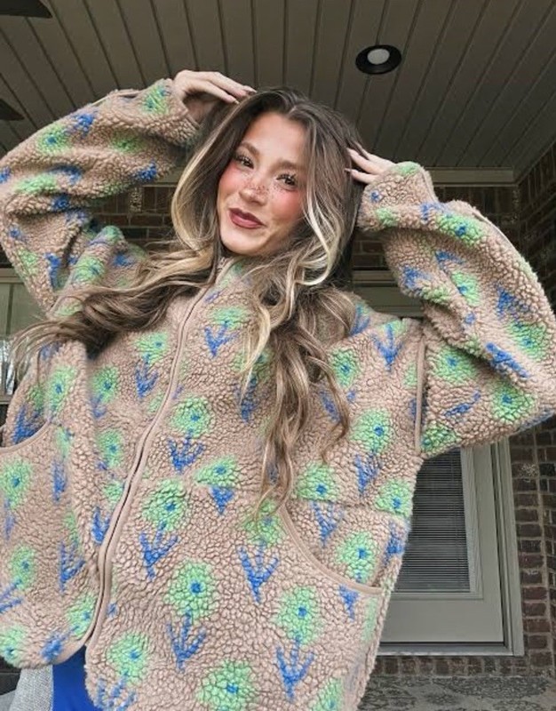 Women's Floral Full Zip Jacket w/ Pockets Oversized Beige L