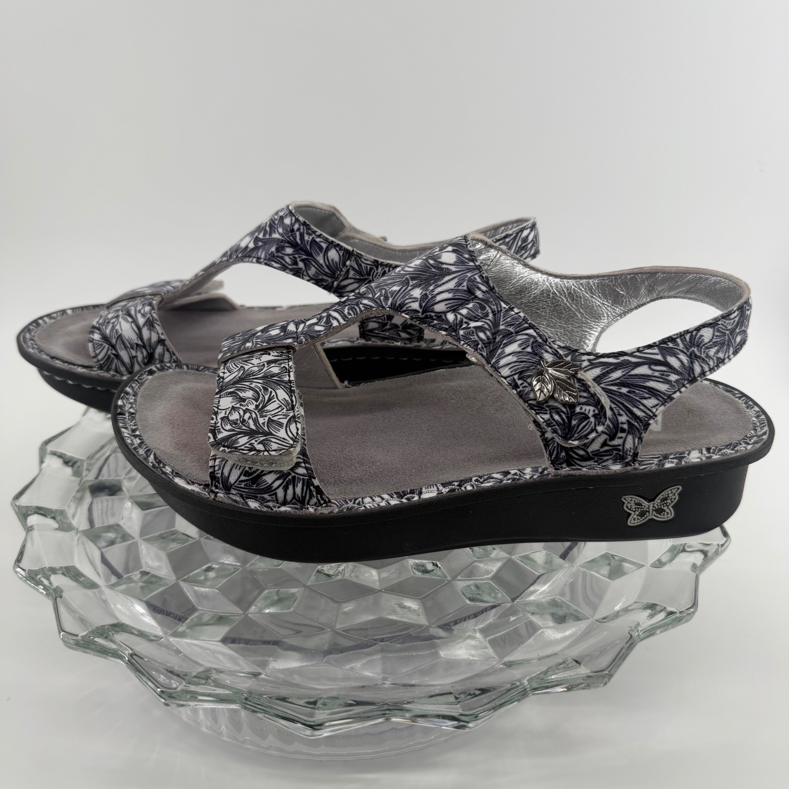 Alegria Kena Black White Floral Leather Wedge Sandals KEN-769 Womens EU 38 US 8