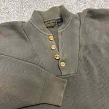 Vintage Eddie Bauer Henley Sweater Mens XL Olive Green Ribbed Cotton Mock Neck
