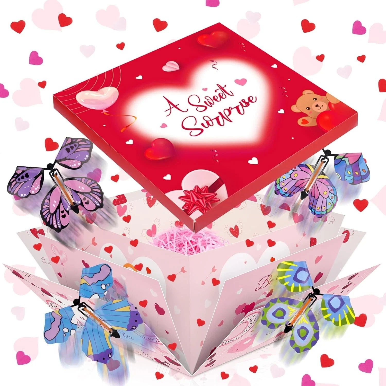 With Flying Butterflies And Heart Confetti