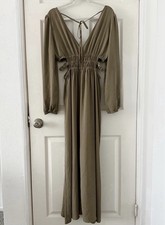 FOREVER 21 Maxi Dress Long Sleeve Ruched Tie V-Neck Backless Size Medium