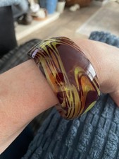 Wide Resin Bangle Burgundy Gold Amber Swirl Pattern Chunky Statement