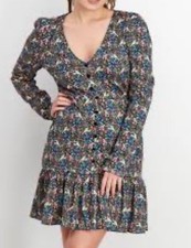 Asos Curve Women Floral Button Detail Long Sleeve Mini Dress, Blue Combo 14