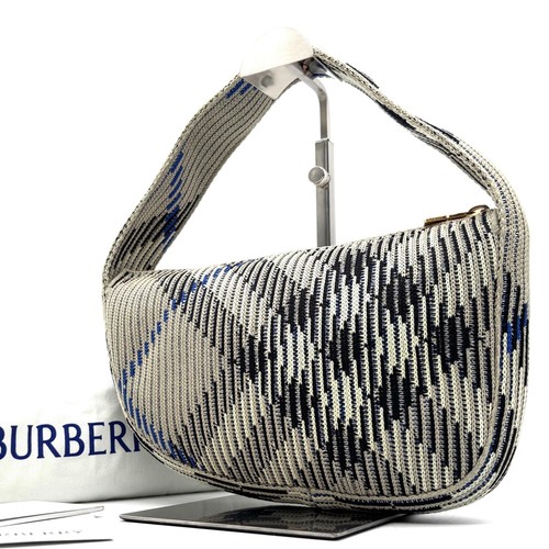 BURBERRY Peg Mini Check Shoulder Bag Gray Nylon Handbag Unused Gold Trim Auth