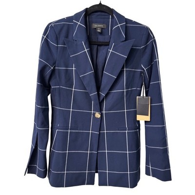 Halogen Women's Blue Plaid Split Sleeve Blazer Career Office Chic (C)