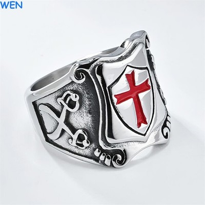 Mens Knights Templar Red Cross Ring Stainless Steel Shield Band Cocktail Party