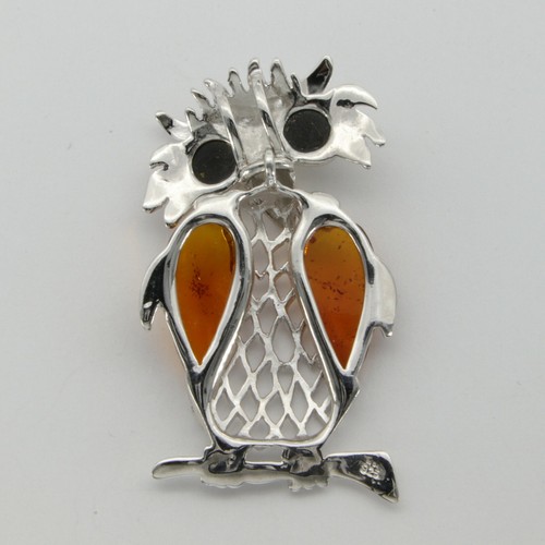 Natural, Multi-Color BALTIC AMBER Owl Pendant STERLING SILVER - Poland #3510 - Picture 3 of 3