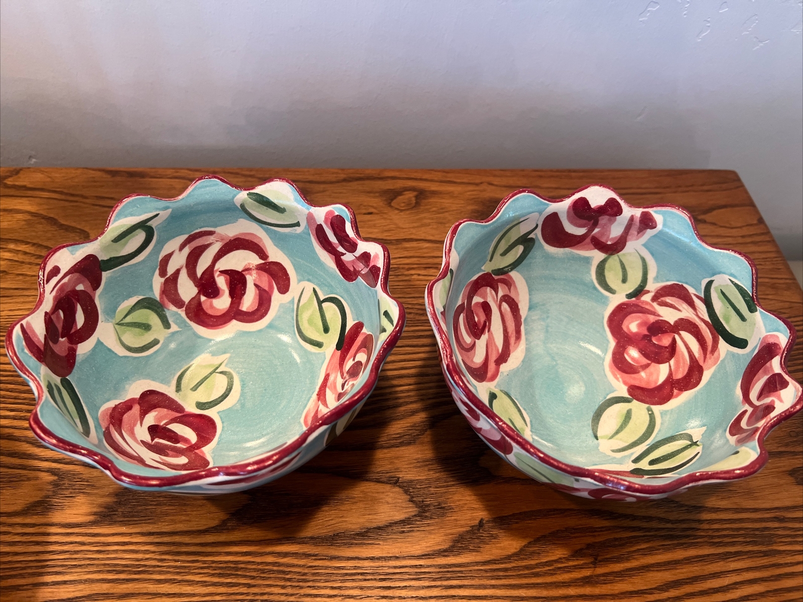 Fioriware Ohio Studio Art Pottery 2 BOWL SCALLOPED blue red ROSE 6X3