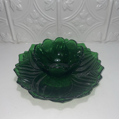 VTG Anchor Hocking Forest Green Glass Lotus Leaf Blossom 2 Plates, 1 Bowl - Bild 3 von 15