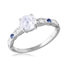 Sterling Silver Clear Blue CZ Stones Ladies Ring w/ 6mm 1 ct Center CZ Stone