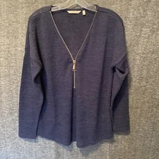 Soft Surroundings Women Valentina Sweater M Navy 1/2 Zip Slub Minimalist Capsule