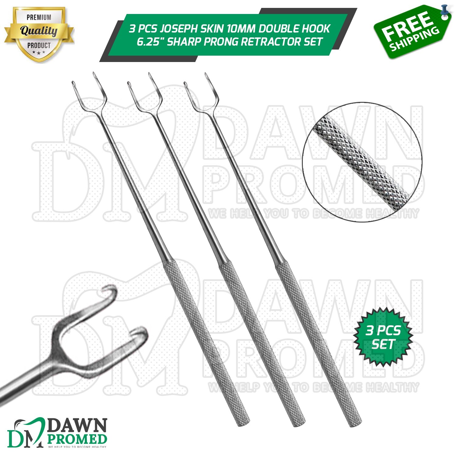 3 Pcs Joseph Skin Hook 10mm Double Sharp Prong 6.25" Retractor Surgical German G