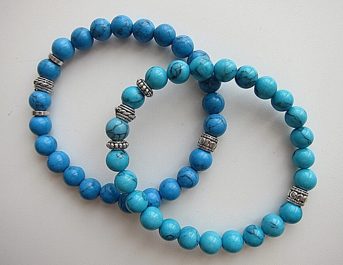 Ladies Men's Turquoise Bracelets with Silver Spacers - 8 mm.