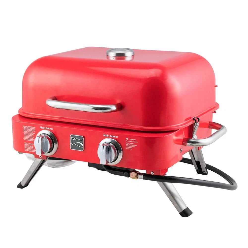 Retro Propane Gas Grill 2-Burner Portable Warming Rack Lid Latch Foldable Legs