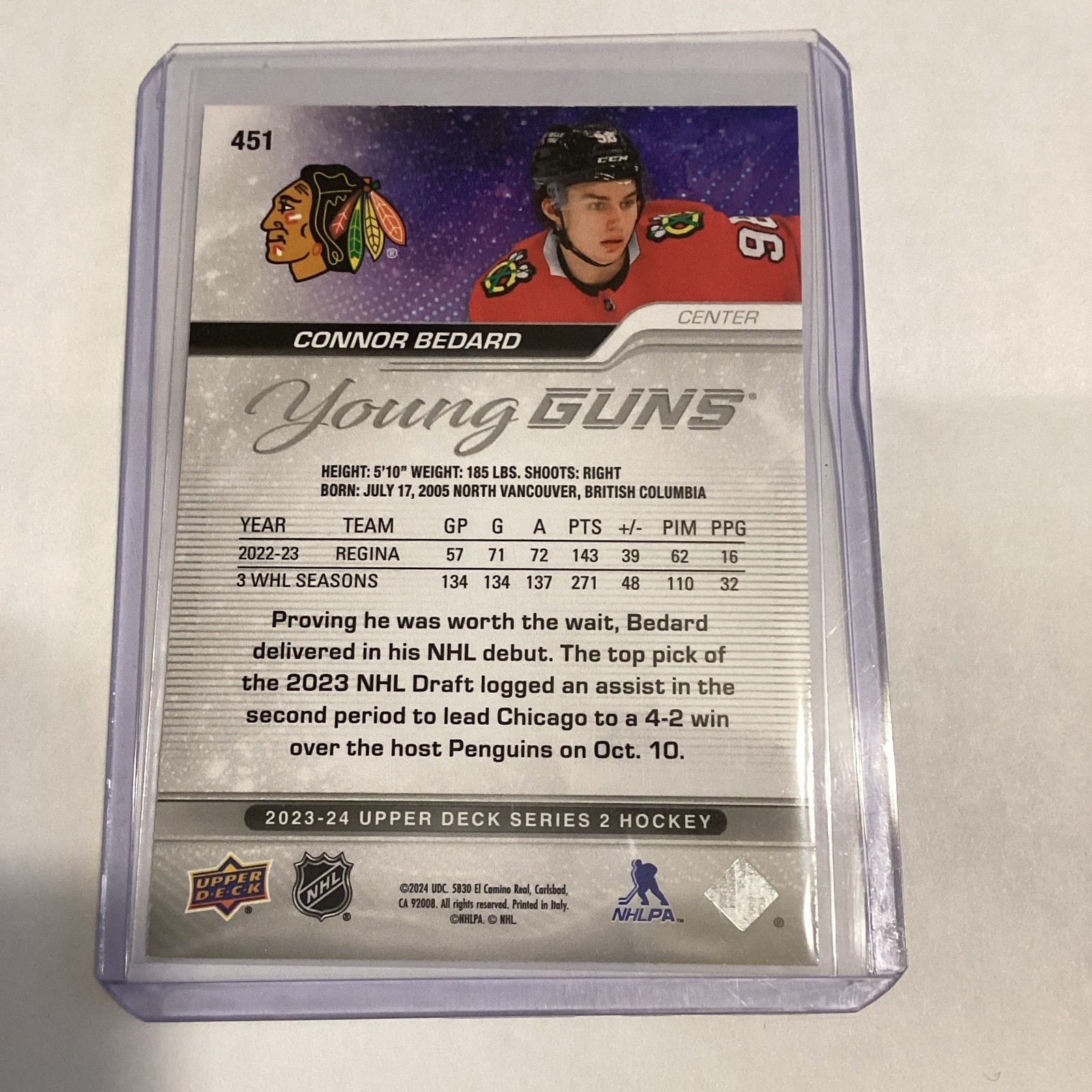 Upper Deck 2023-24 Series 2 Connor Bedard Young Guns #451 OUTBURST view 2