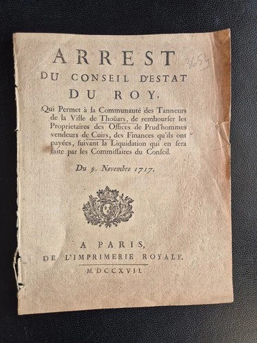 ARREST 1717 THOUARS TANNEURS CUIR - IMPRIMERIE ROYALE REGENCE 18E DEUX SEVRES