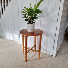 Vintage Small Teak Round Coffee Side Table Folding Bedside End Table Plant Stand
