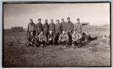 Vtg B W Snapshot Group Of WW2 Soldiers In Uniform Posing By Field Hut 1940s