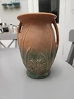 Nelson McCoy Brown & Green Two Handle Matte Vase Leaves & Flowers Circa 1930 8''