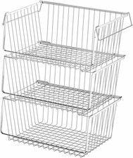 Stackable Wire Storage Baskets with Handles - Set of 3 for Home Organization