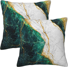 Emerald Green Gold Marble Throw Pillow Covers 18x18 in Set of 2, Decorative Gree