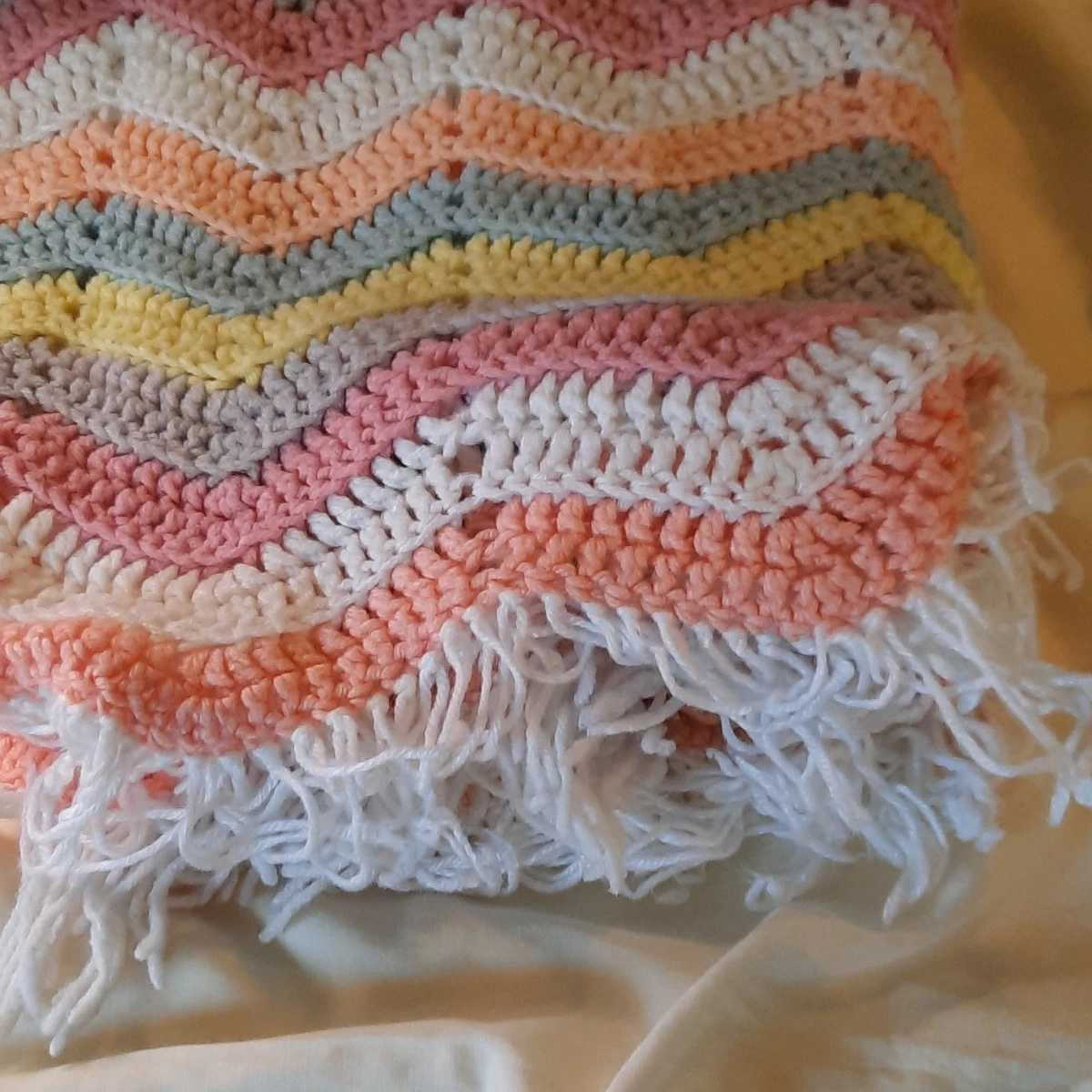 Handmade Crochet Chevron Multicolor Fringed Bed Throw Blanket