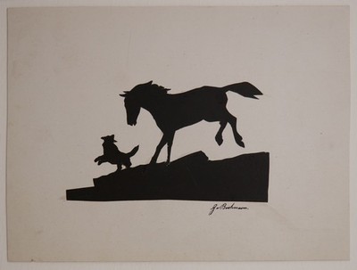 Gregor v. Bochmann (1850-1930) Scherenschnitt / Silhouette ~1870 Pferd m. Hund