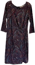 Talbots Wine Purple Paisley Print Faux Wrap Jersey Knit Stretch Dress Sz L