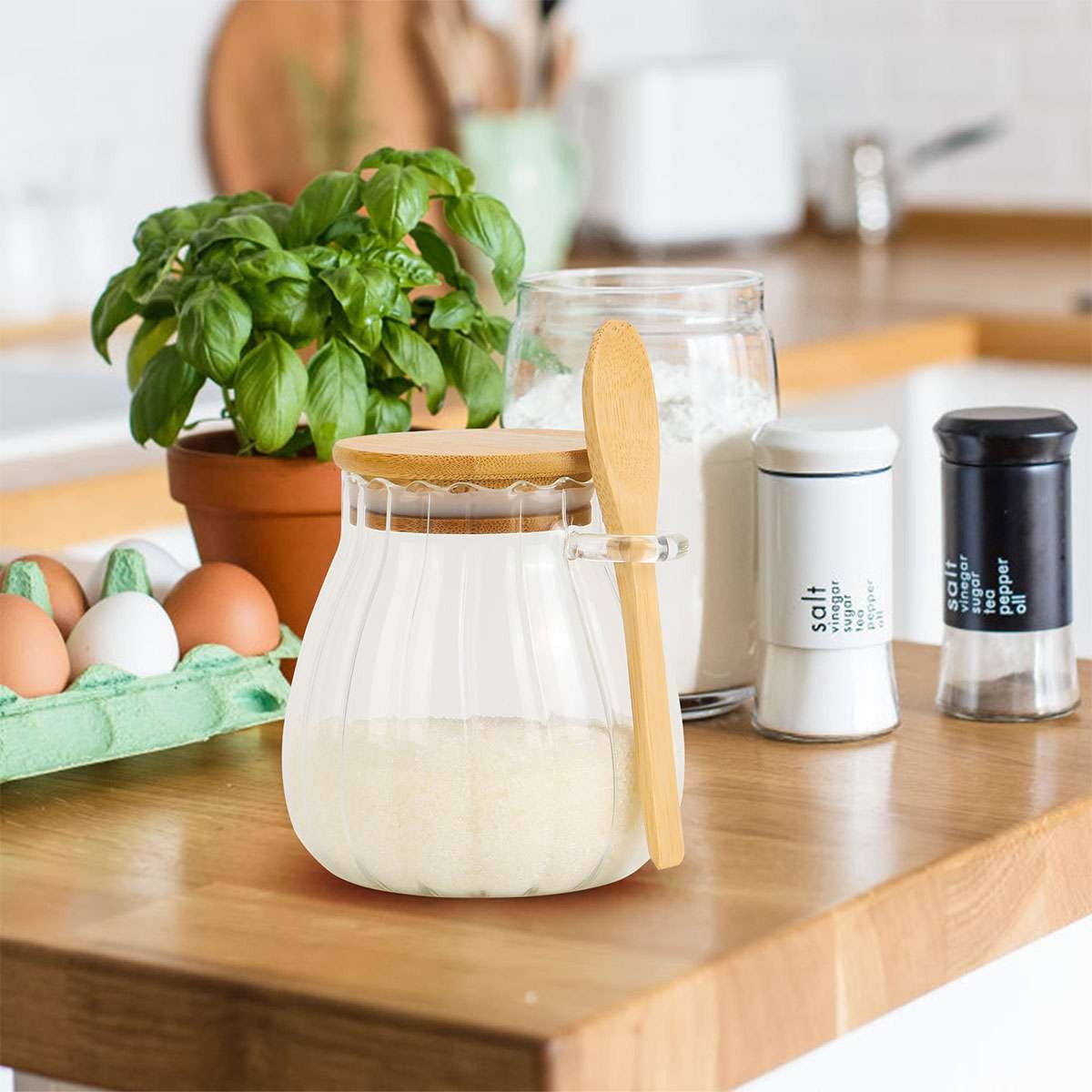 Sugar Container with Bamboo Lid and Spoon,350ml Sugar Bowl Glass Jar for Coffee