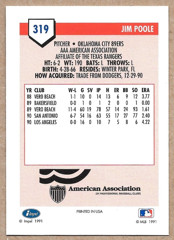 1991 Line Drive AAA #319 Jim Poole Oklahoma City 89ers - Image 2 of 2
