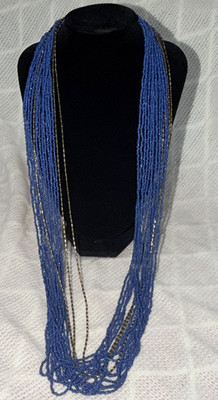 Blue Multi-Strand Layered Glass Seed Bead Necklace, Gold Tone Accents Boho