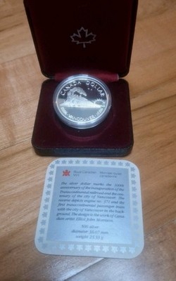 1986 VANCOUVER CENTENNIAL ROYAL CANADIAN MINT SILVER PROOF DOLLAR IN BOX COA. 