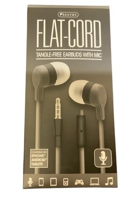Sentry Flat-Cord Tangle-Free Earbuds With Mic Gray 3.5mm Jack Stereo Sound NEW