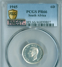 1945 SOUTH AFRICA 6 PENCE PCGS PR66 MAC FINEST & SPOTLESS 150 MINTED RARE .