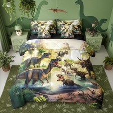 Kids Dino 7 Pieces Bedding Set Green Dinosaur Comforter Set Full Green Brown