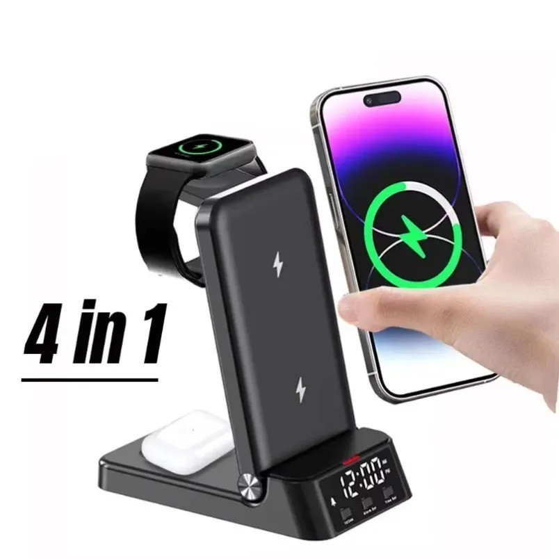 4 in 1 Wireless Charger Alarm Clock Dock for iPhone Apple Watch AirPods LED