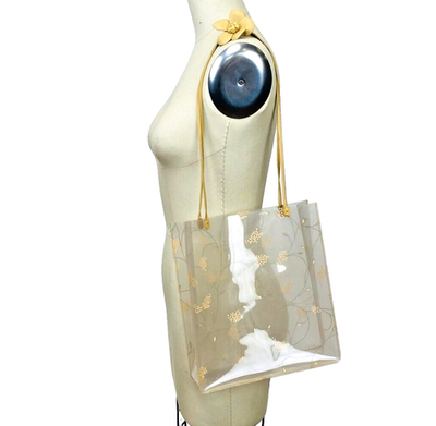 【オールド】シャネル Vintage Chanel Tote Clear Vinyl Painted Gold Flowers with Leather