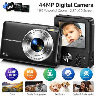 Digitalkamera 44MP 16X Zoom HD Kompaktkamera mit 32GB Karte & Akkus