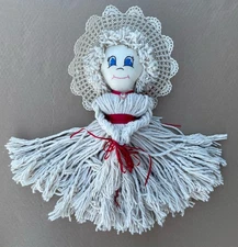 Vtg Handcrafted ~Mop Doll~Hat Embroidered Blue Eyes Ribbon Granny Cottagecore