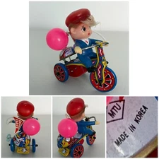 Vtg MTU wind-up tin toy Little boy on tricycle. Lithograph on Tin. Made In Korea