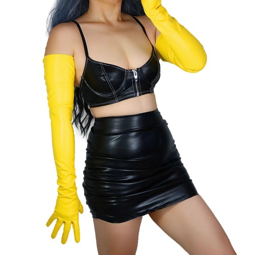Banana Bright Yellow 70cm Long Leather GLOVES PUFF SLEEVES Faux PU Loose Fit - Picture 11 of 14