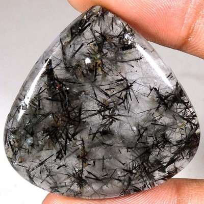 100% Natural Black Rutile Quartz Pear Shape Cab Rare Gemstone 37x36x6mm 67.10Cts