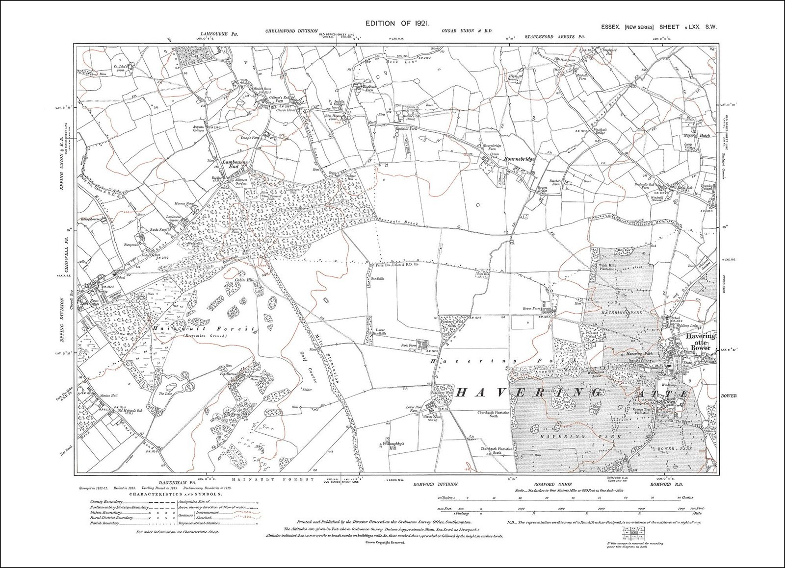 Old map Chigwell (E), Havering atte Bower, Lambourne End, Essex 1921