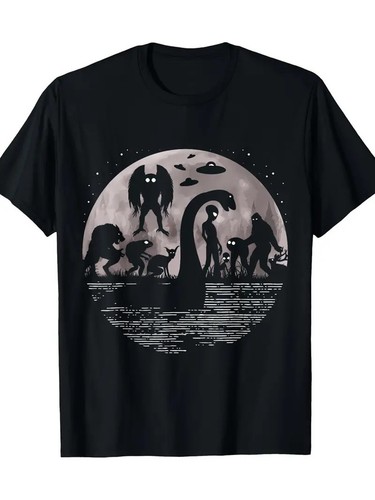 1pc, 100% Cotton, Printed T-Shirt with Letter Pattern of Moth Man And Alien