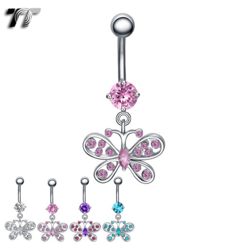 TT CZ Butterfly Dangle Belly Bar Ring 4 Colour Available Body Piecing (BL77) - Picture 1 of 5