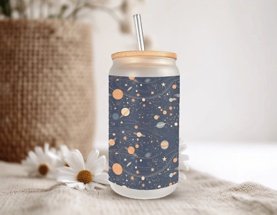 Outer Space Planets & Stars Glass Can With Bamboo Lid 16 Oz Glass Cup by Mugzan