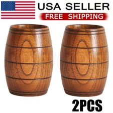 2Pcs Wooden Barrel Shaped Beer Mug Classical Natural Solid Wood Drinking Cup