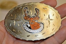 Vintage Custom Silver Plated Deer Hunter Hunting Western Belt Buckle Rare MINTY